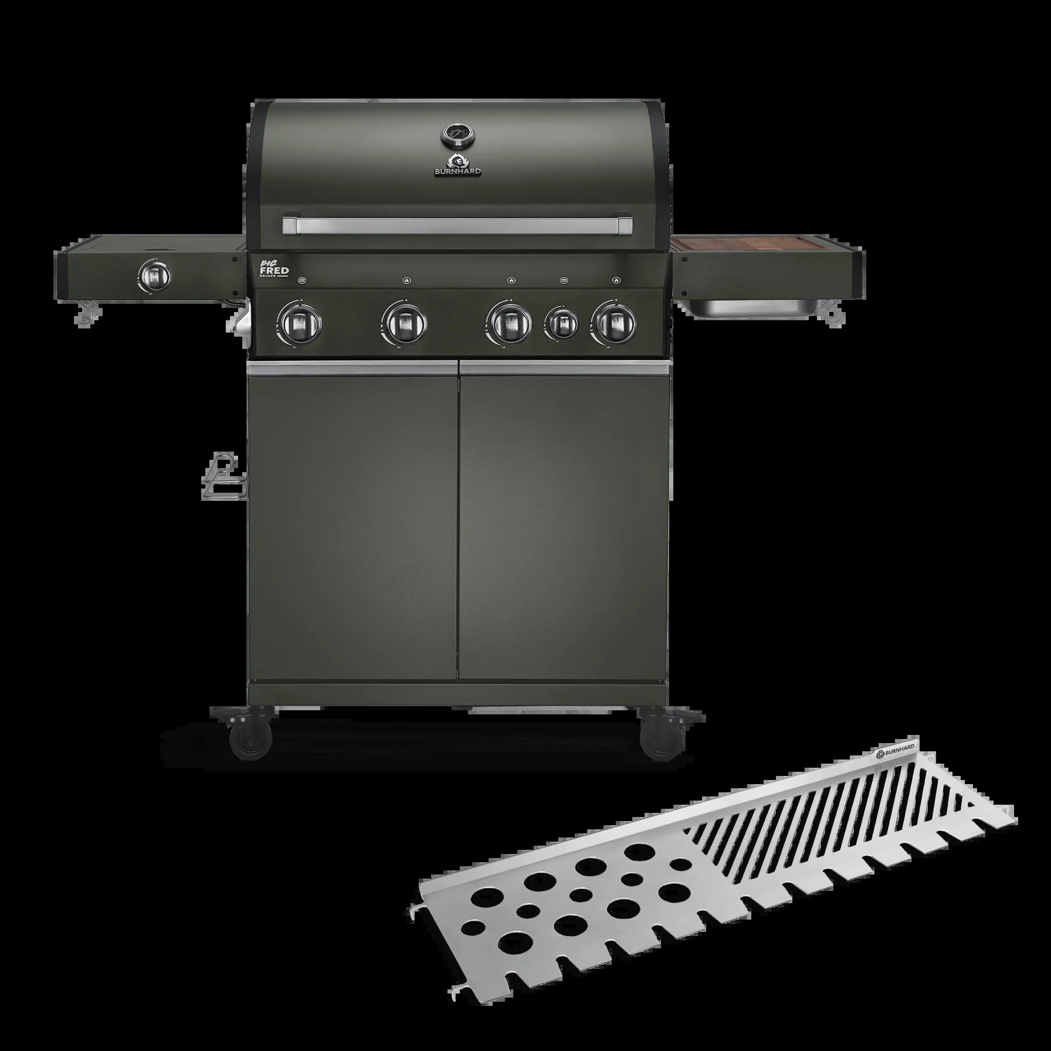 BURNHARD Big FRED Deluxe Gasgrill 4-Brenner in der Farbe Grün mit Gusseisenrost von BURNHARD