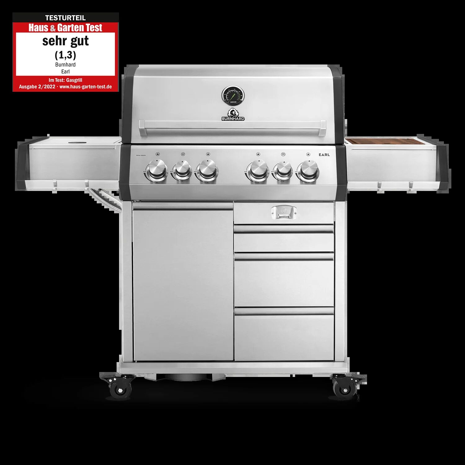 BURNHARD Big EARL Premium-Gasgrill 4-Brenner in der Farbe Edelstahl mit Gusseisenrost von BURNHARD