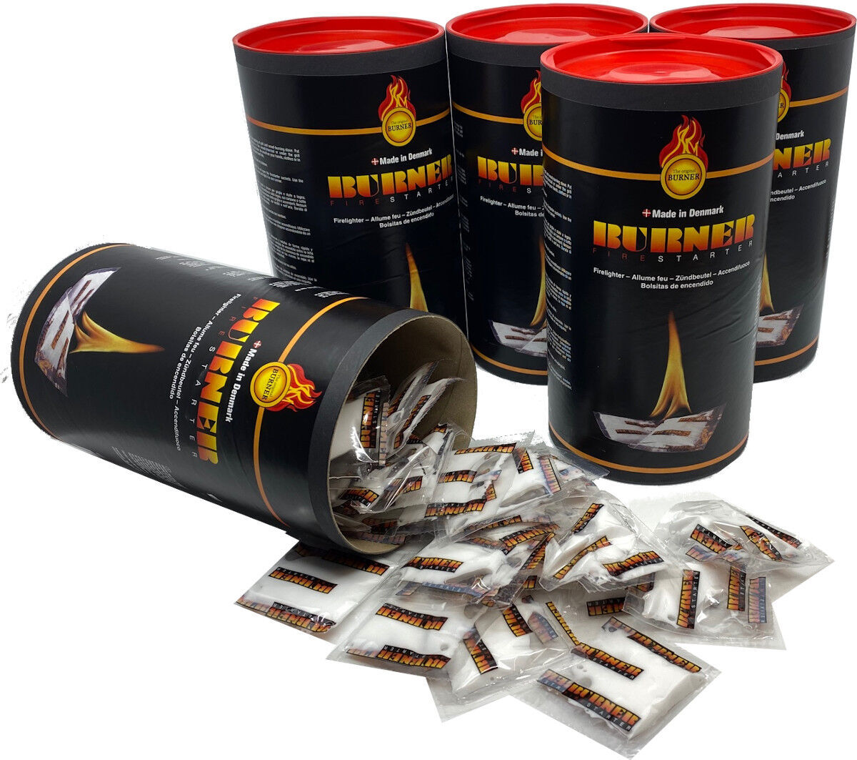 6x Feueranzünder Firestarter Zündbeutel Dose mit 100 Stück - Original aus Dänemark von Burner