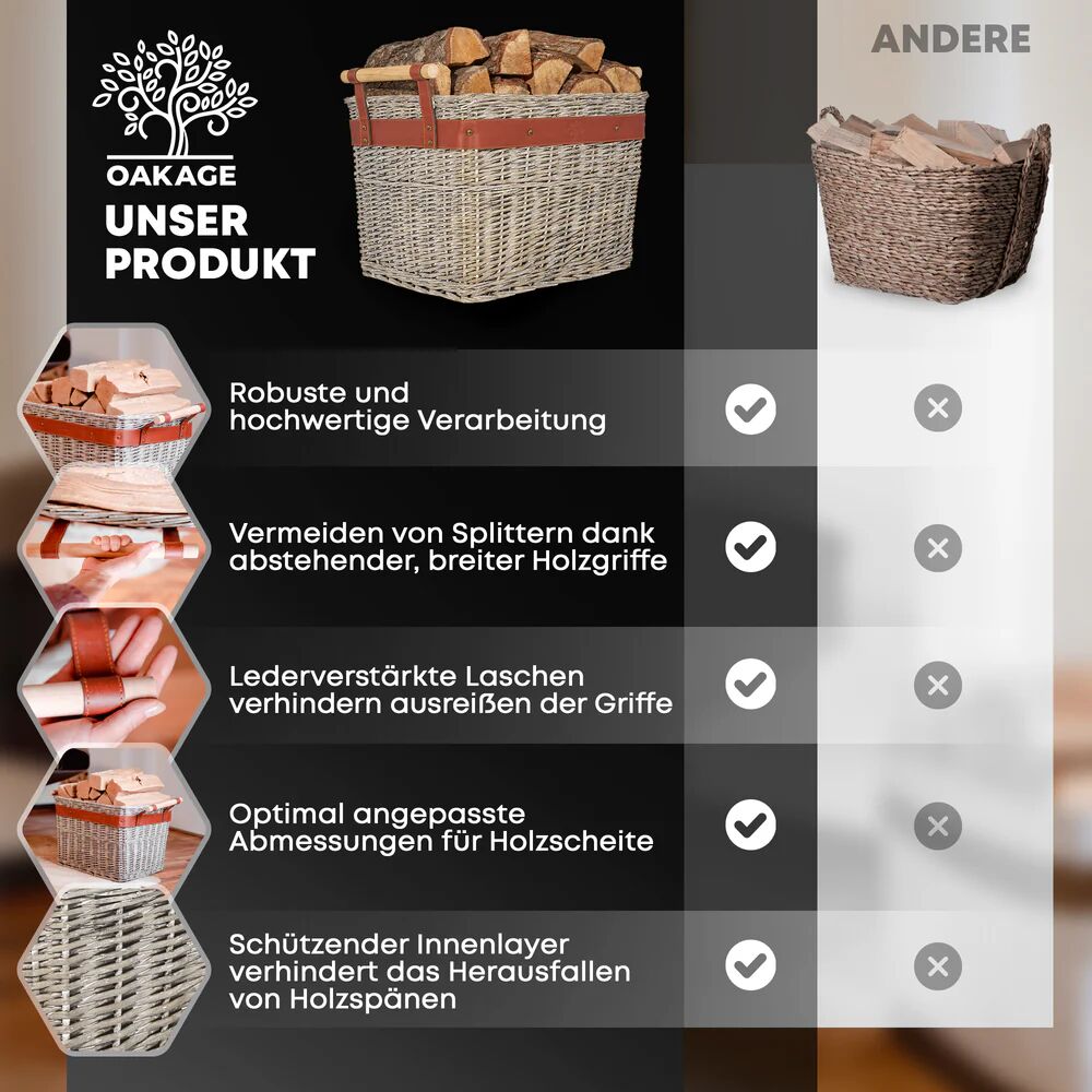 OAKAGE WillowWrap Holzkorb Weide - mit ausreißsicheren Holzgriffen - 50x40x35cm von OAKAGE